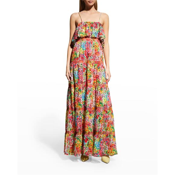 Alice+Olivia 'Kia' Red Cotton Embr Smk Cold shoulder Maxi Dress Size 12 - Picture 1 of 5